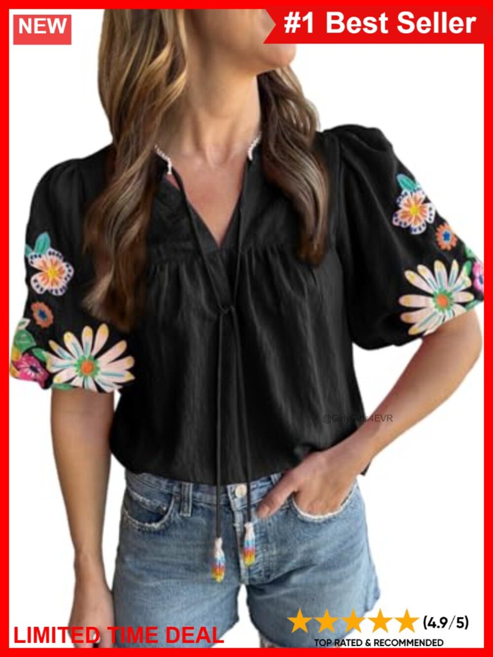 Boho Embroidered V-Neck Puff Sleeve Tunic Blouse